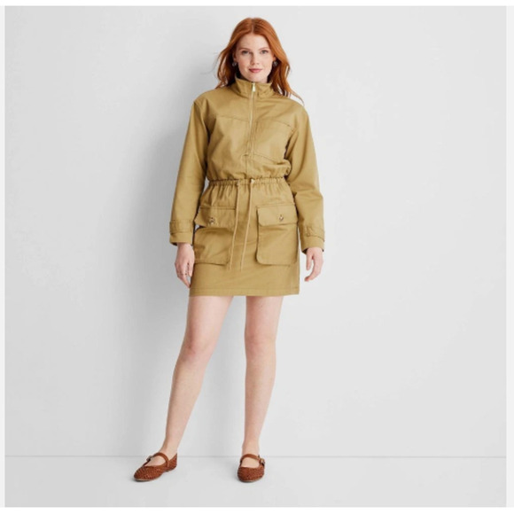 Long Sleeve Utility Mini Dress - Future Collective Khaki Small NWT - Picture 1 of 10